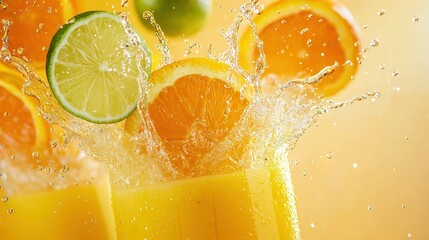 Sticker -   Oranges, lemons, and limes splash into a glass of orange juice on a yellow background