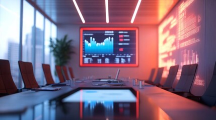 Leinwandbilder - A contemporary conference room features a large presentation screen displaying financial graphs