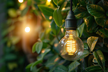 Wall Mural - A light bulb is surrounded by green leaves.,