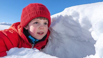 Poster - A young boy in red jacket peeking out of a hole, AI