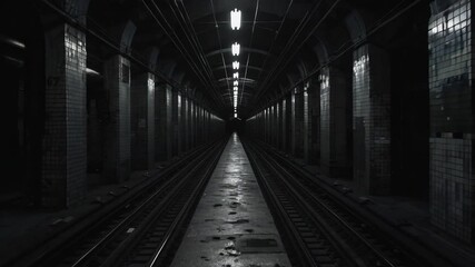 Wall Mural - Moving Camera Dark Gloomy Train Station