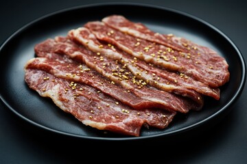 Canvas Print - Thinly sliced beef tongue Japanese and Korean rare beef for grilling on a black plate isolated on a black background