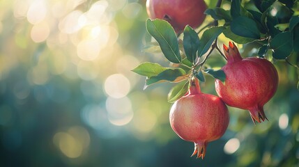 Canvas Print -   Three pomegranates dangling from a tree with lush green foliage and sunlight filtering through the canopy