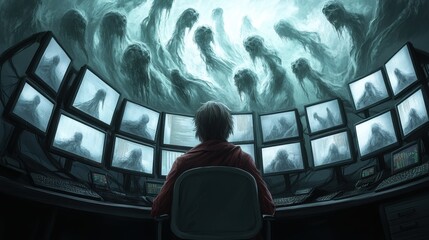 Canvas Print - A person sitting in front of a computer screen with many monitors, AI