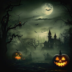 Wall Mural - A spooky Halloween scene with a haunted castle silhouetted against a full moon, bats flying overhead, and carved pumpkins glowing in the foreground. Red scene