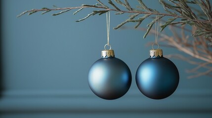 blue christmas ornaments on tree branch, ai-generative