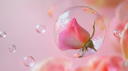 Poster -   A pink rose surrounded by water bubbles with more bubbles nearby on a pink and yellow floral background