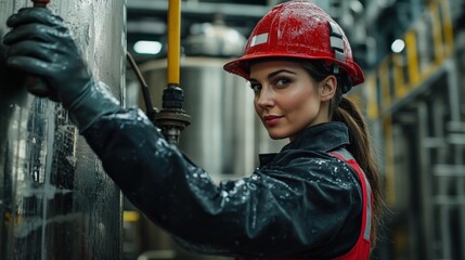 A woman in a hard hat and gloves safely manages hazardous materials within a chemical facility, ensuring proper safety protocols are followed