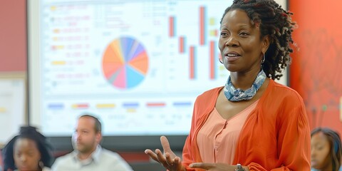 african american female professor delivering lecture to classroom of attentive students, using data charts and graphs 