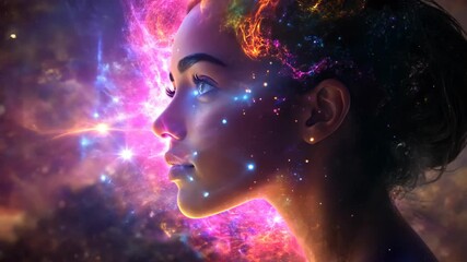 Wall Mural - a journey through the cosmos as a woman's profile reflects the beauty of the universe in vibrant col