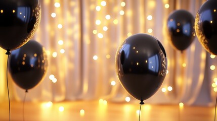 Black balloons floating in a room with string lights, creating a cozy, intimate setting with a subtle touch of elegance.