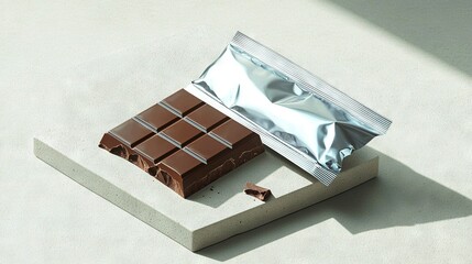   A chocolate sits on a silver foil beside a bitten chocolate