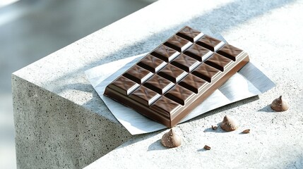   A chocolate morsel rests atop a sheet of paper beside a heap of fragmented chocolate bits