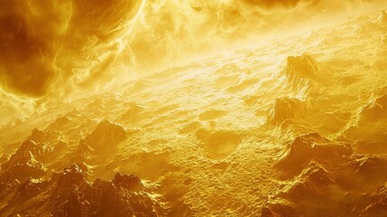 Poster -   An artist's depiction of a mountain chain under a yellow and orange sun with a substantial amount of smoke billowing from the mountain's summit