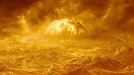 Wall Mural - a vibrant orange and yellow wave painting in the ocean against a dark sky backdrop with yellow cloud
