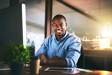 Poster - African, businessman and tech in portrait at night as corporate communication specialist in office. Male person, working late and computer for connection, internet or company as professional in Kenya