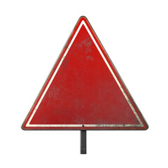 A weathered red triangular caution sign, symbolizing alertness and safety on the road., isolated on a transparent background.