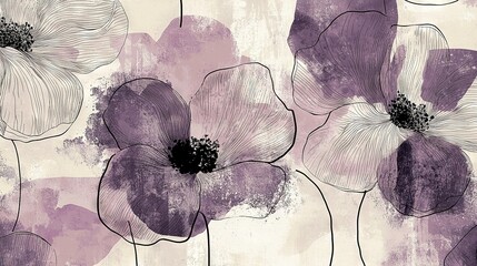 Wall Mural -   A painting of purple and white flowers on a pink and white background with a black stripe in the center of the image