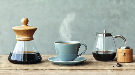 Sticker -   A wooden table topped with a cup of coffee, a coffee pot, and an espresso cup