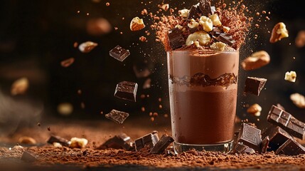 Wall Mural -   A chocolate-filled glass surrounded by falling chocolate pieces