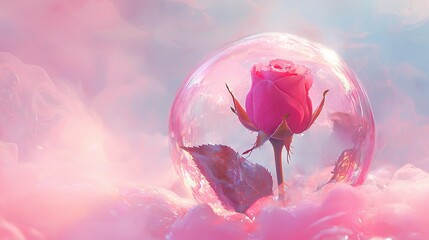 Sticker -   A pink rose in a bubble surrounded by clouds of smoke is in the foreground