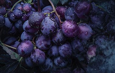 Fresh Purple Grapes with Water Drops for your background business, poster, wallpaper, banner, backdrop, greeting cards, and advertising for business entities or brands.