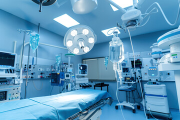 A hospital room with a large overhead light and a glass container on a table.,