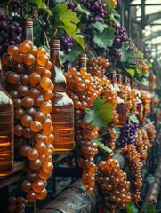 A Bottle of Wine Hanging from Grapevines, Grapes, Wine, Harvest, Autumn