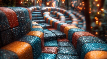 Wall Mural -   A close-up of a vibrant bench with lights visible in the background, along with a hazy image of a building behind it