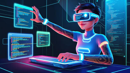 A futuristic programmer using a VR headset and coding on multiple virtual screens, with cybernetic arms, symbolizing advanced technology and virtual reality in software development.