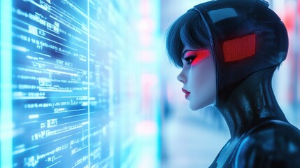 Wall Mural - A woman in a futuristic suit with glowing eyes and red hair, AI