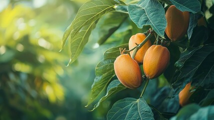 Canvas Print -   A tree laden with numerous fruits atop a green foliage-covered tree bursting with fruits