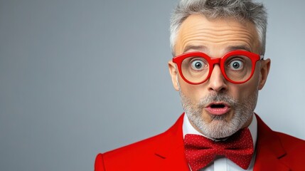 Poster - A man in a red suit with glasses and bow tie, AI