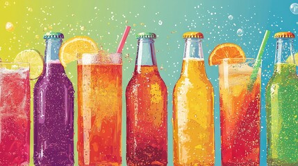 Poster -   A set of bottles containing various beverages, adorned with sliced oranges, lemons, and straws