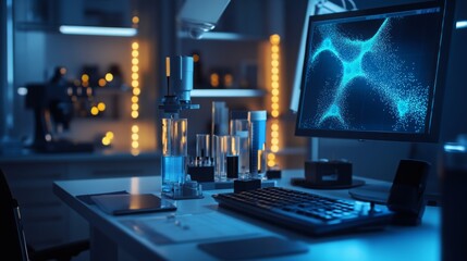 Aufkleber - A laboratory workspace illuminated by blue light. Glass beakers containing a blue liquid and other lab equipment are arranged on a white countertop