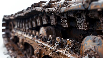 A close-up of a tanka??s track assembly with mud details, isolated on a white background.