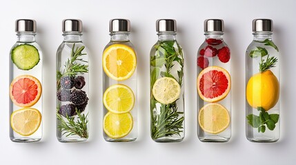   Row of glass bottles with assorted fruits and veggies arranged in a line