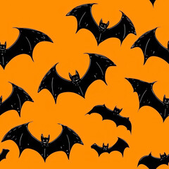 halloween pattern with flying bats, decorative background in black and orange colours.