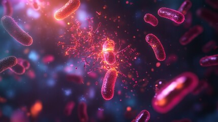 Leinwandbilder - A digital illustration of bacteria in a liquid environment. Multiple rod-shaped bacteria, possibly Escherichia coli, are shown against a dark background