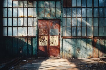 Canvas Print - Rusty metal door with worn paint in an abandoned building, sunlight streaming through the windows