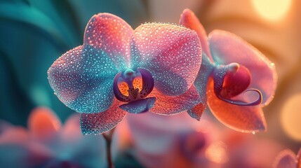 Sticker -   A pink and blue flower in focus, with water droplets on petals and a soft background