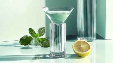 Poster -  Glass filled with liquid + Lemon + Green leaf in vase