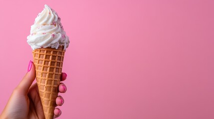 Poster - A hand holding a cone of ice cream with whipped topping, AI