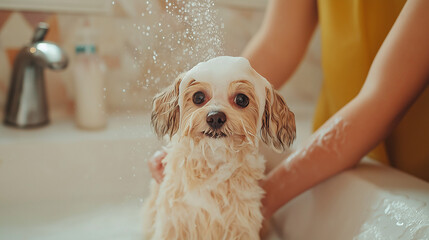 Wall Mural - woman washing her dog , Dog taking bath at home