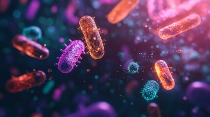 Fototapete - This captivating visual displays a variety of bacteria suspended in a dark background, illuminated by vibrant colors. The microbial forms exhibit intricate details and varying shapes.