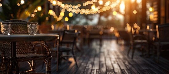 Wall Mural - outside restaurant chair table on a dark wood floor outdoors with glare light blur background