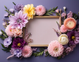 Wall Mural - A beautiful display of flowers arranged in an elegant frame on purple background, featuring space for text.