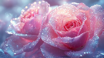 Sticker -   A high-resolution photo showcasing a pink rose with droplets of water on its petals, set against a soft blurred backdrop