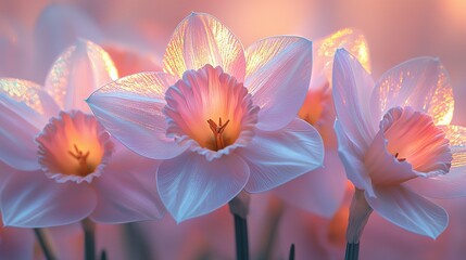 Poster -   A zoomed-in image of numerous vibrant flowers against a hazy pink and white floral backdrop in the background