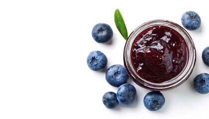 blueberry blue berry fruit jam preserves spread or jelly in a glass container. Homemade preservation. Delicious blueberry jam or jelly isolated on white background with copy space